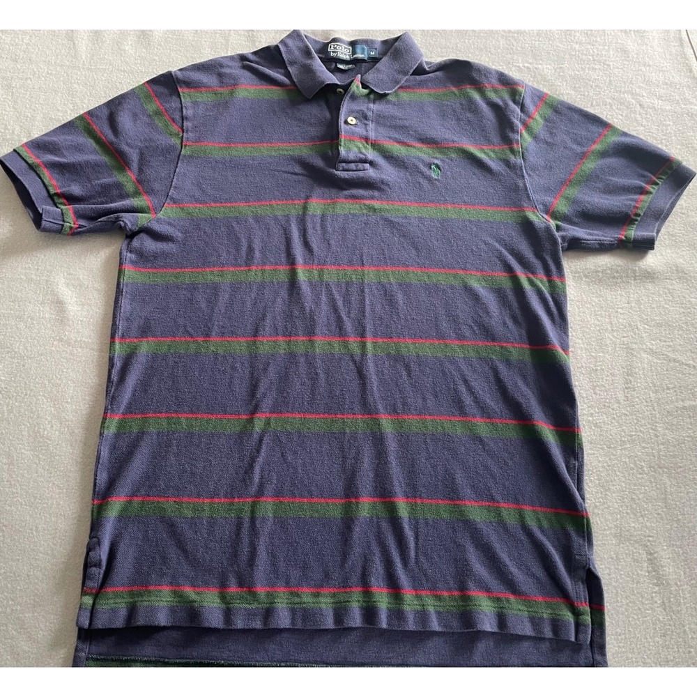 Polo Ralph Lauren Mens Med Navy Blu Striped Short Sleeve Cotton Polo Shirt Rugby